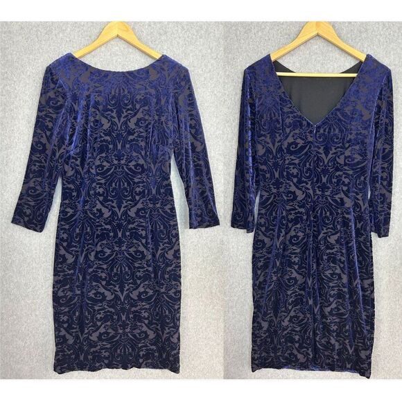 Ignite Evenings Dresses & Skirts - Ignite Evenings Size 10 Blue Velvet Burnout Dress Scoop Neck 3/4 Sleeves‎ V-Back